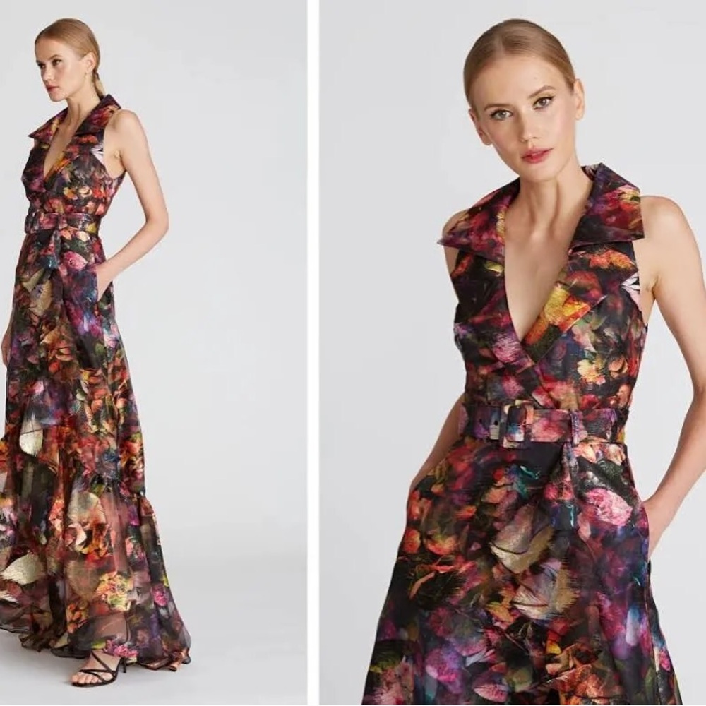 Theia Black Multi Floral Belted V-Neck Maxi Dress